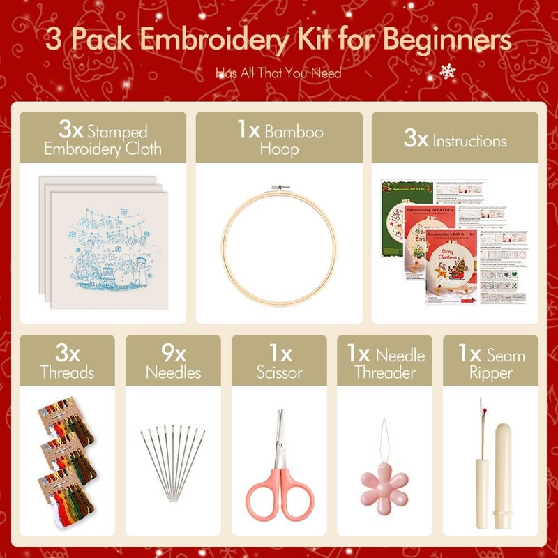 wtisan Christmas Embroidery Kits: 3 Pack Cross Stitch Kit for Beginners Adults, DIY Ornaments Craft Kit with All Tools & Instructions, Stamped Hand Embroidery Starter Kit for Holiday Crafts & Xmas Home Decor - Image 3